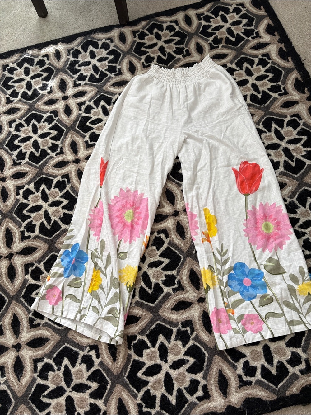 White Floral Wide-Leg Pants with Pink, Blue & Yellow Flowers